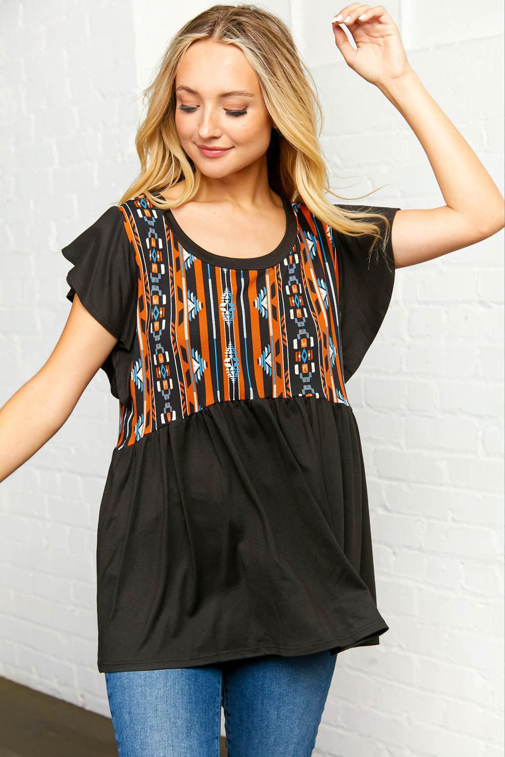 Black Bohemian Print Ruffled Sleeve Top