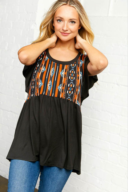 Black Bohemian Print Ruffled Sleeve Top