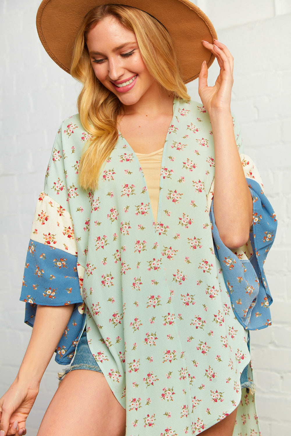 Floral Bubble Crepe Ruffle Sleeve Kimono