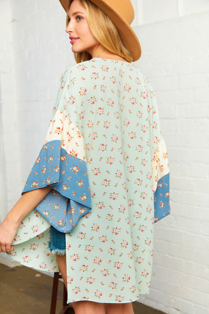 Floral Bubble Crepe Ruffle Sleeve Kimono