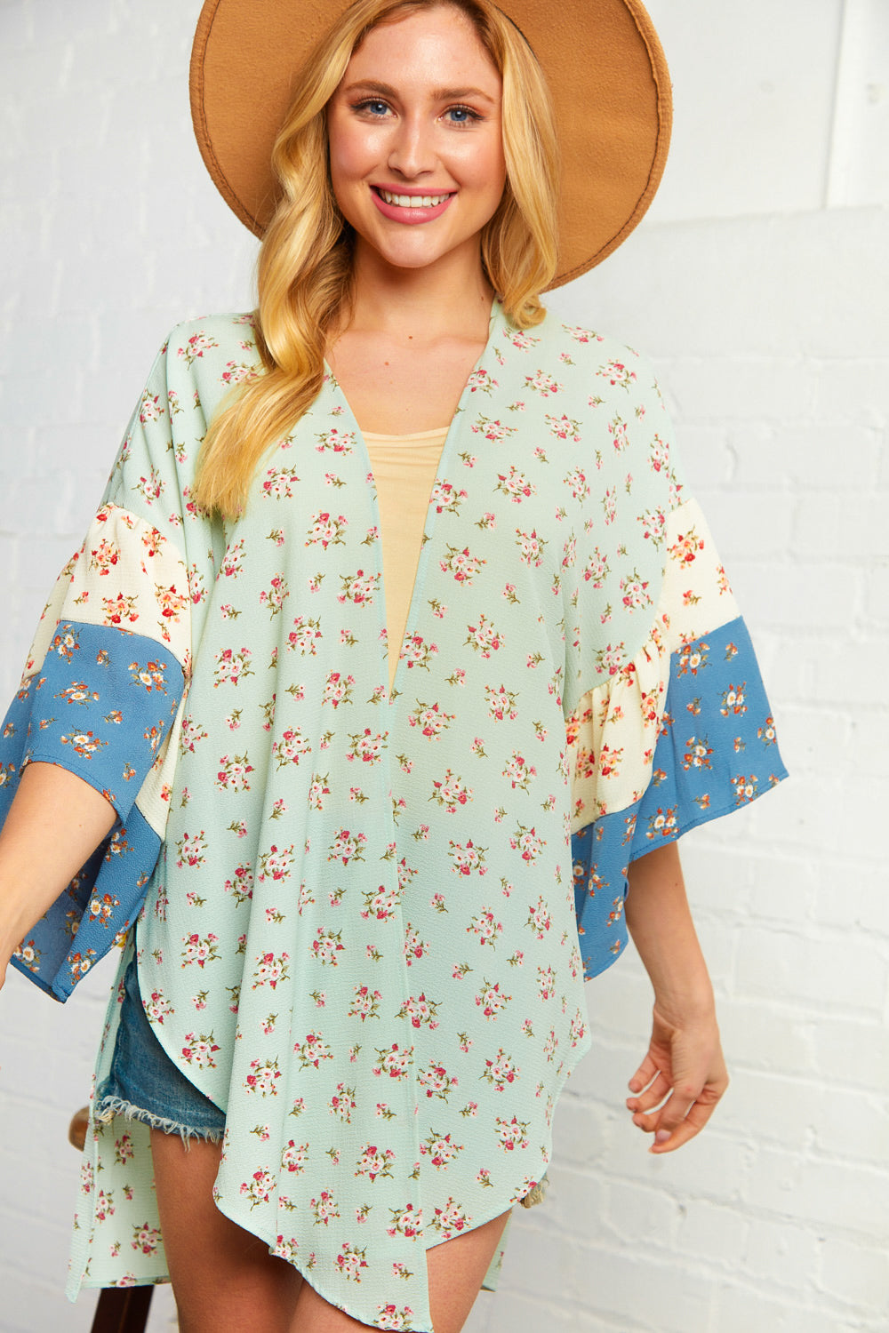 Floral Bubble Crepe Ruffle Sleeve Kimono