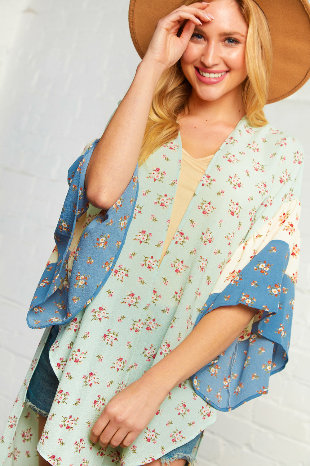 Floral Bubble Crepe Ruffle Sleeve Kimono