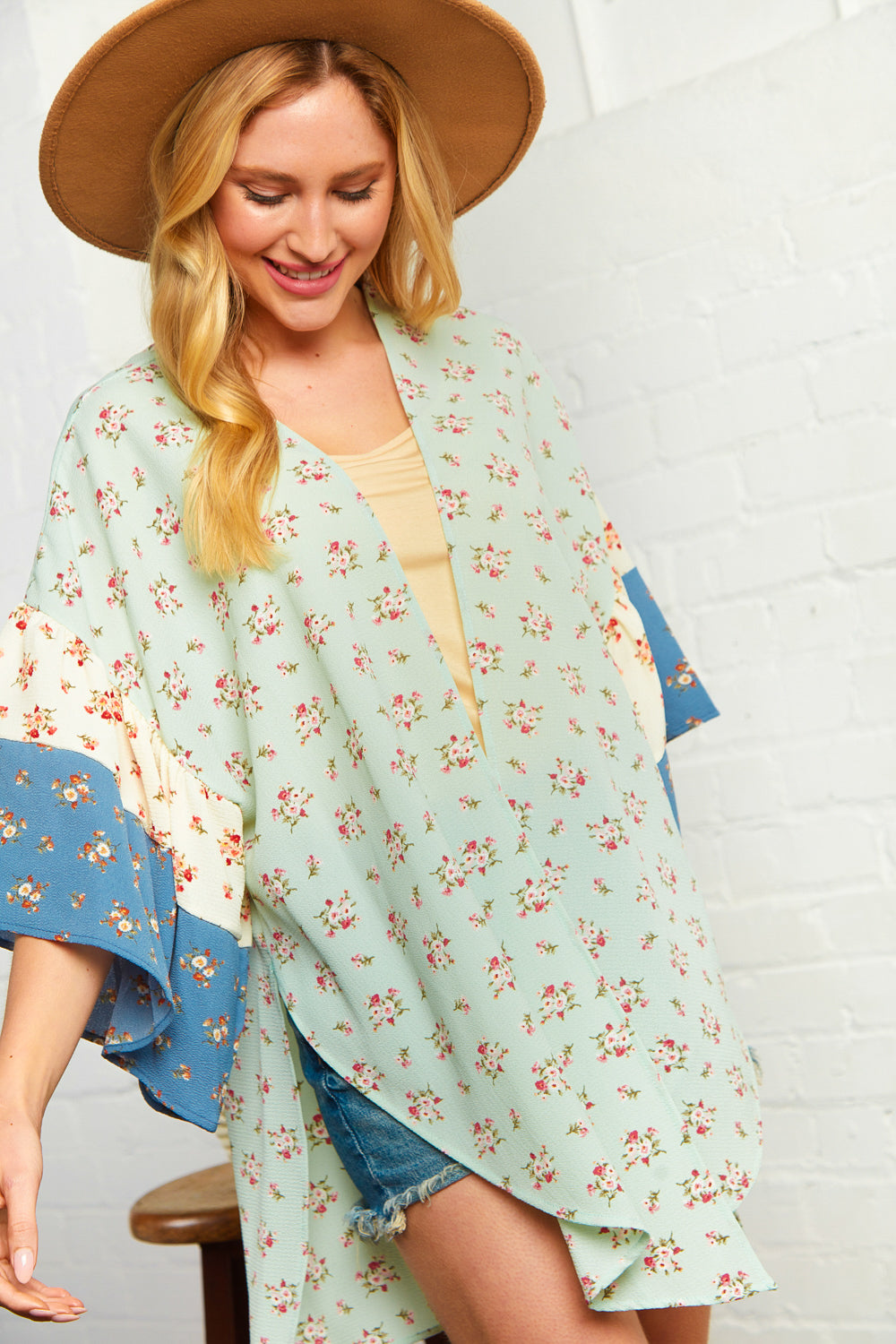 Floral Bubble Crepe Ruffle Sleeve Kimono