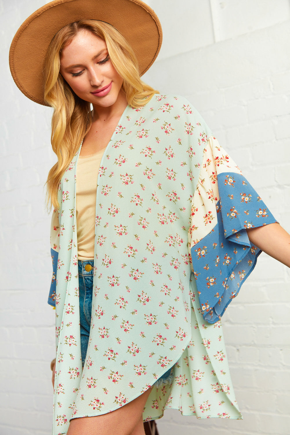 Floral Bubble Crepe Ruffle Sleeve Kimono