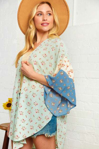 Floral Bubble Crepe Ruffle Sleeve Kimono