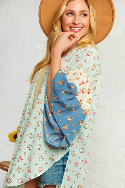 Floral Bubble Crepe Ruffle Sleeve Kimono