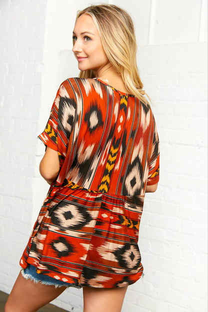 Boho Ethnic Print V Neck Babydoll Top