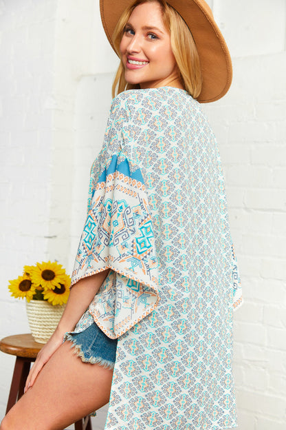 Boho Print Bubble Crepe Ruffle Sleeve Kimono