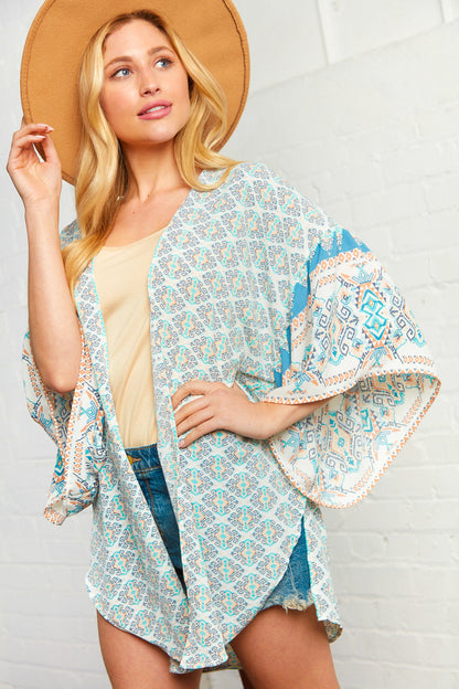 Boho Print Bubble Crepe Ruffle Sleeve Kimono