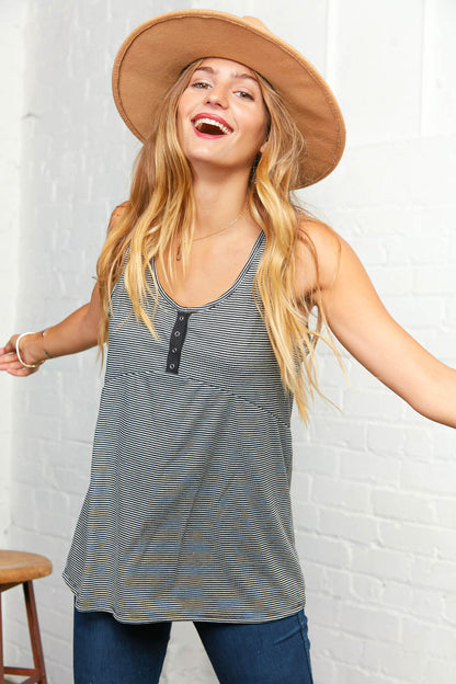 Stripe Sleeveless Tank W/ Snap Buttons