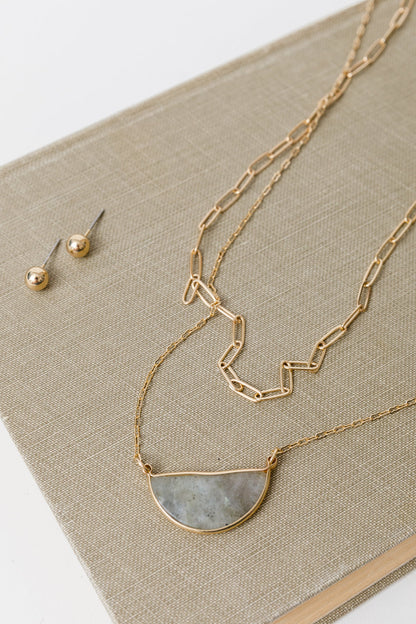 Half Moon Stone Stud & Necklace Set in Smokey Quartz