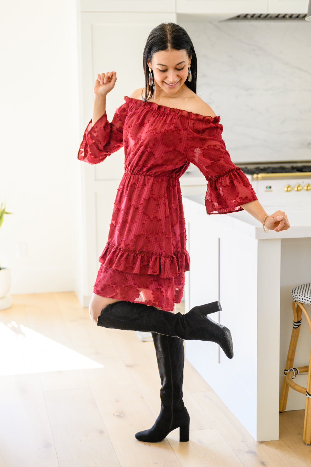 Hello, Goodbye Ruffle Dress In Burgundy