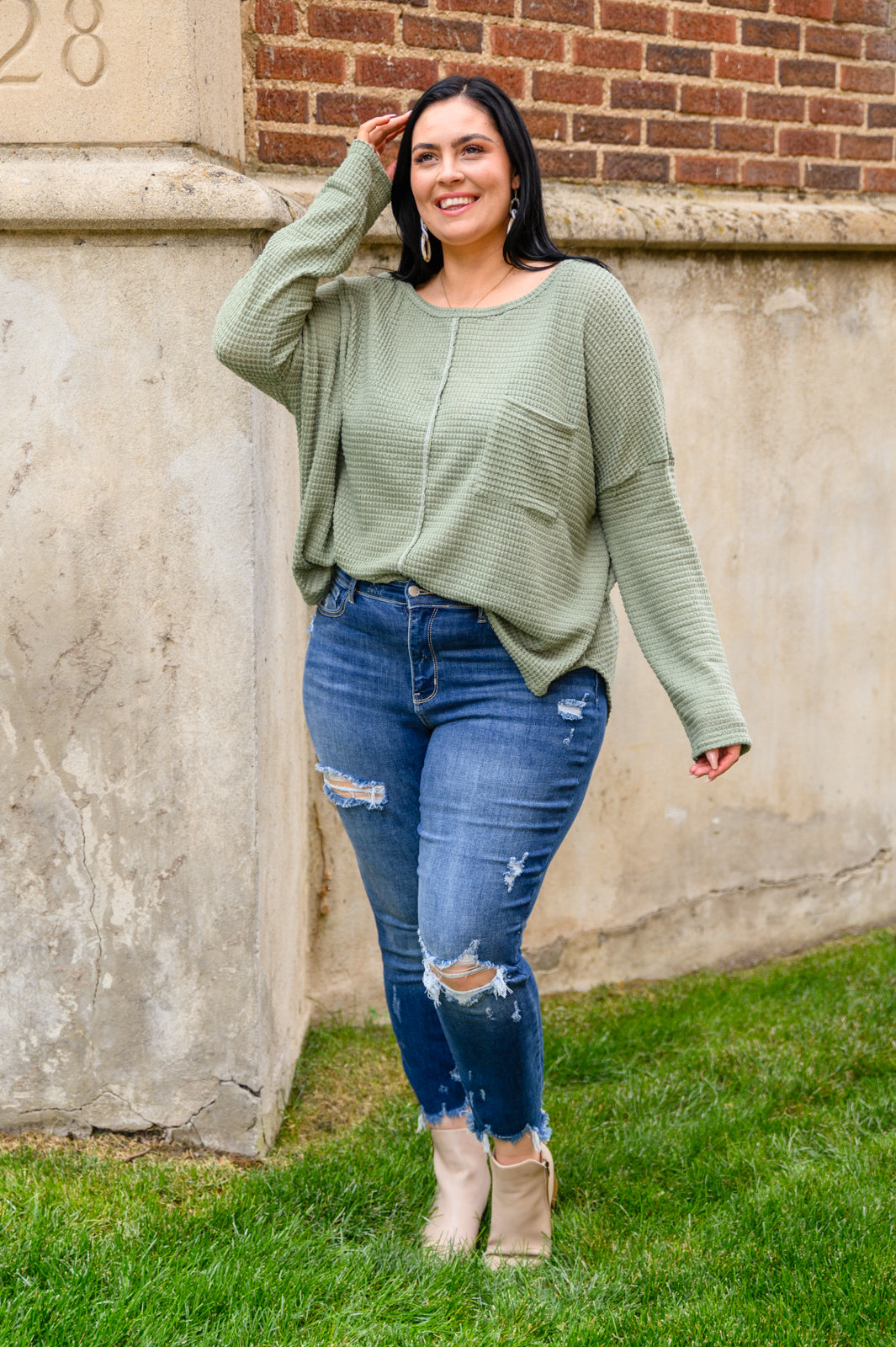 Hillside Views Waffle Knit Long Sleeve Top In Sage