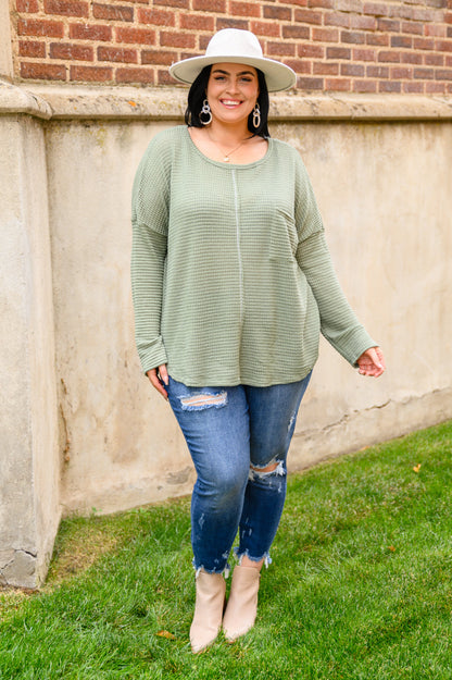 Hillside Views Waffle Knit Long Sleeve Top In Sage