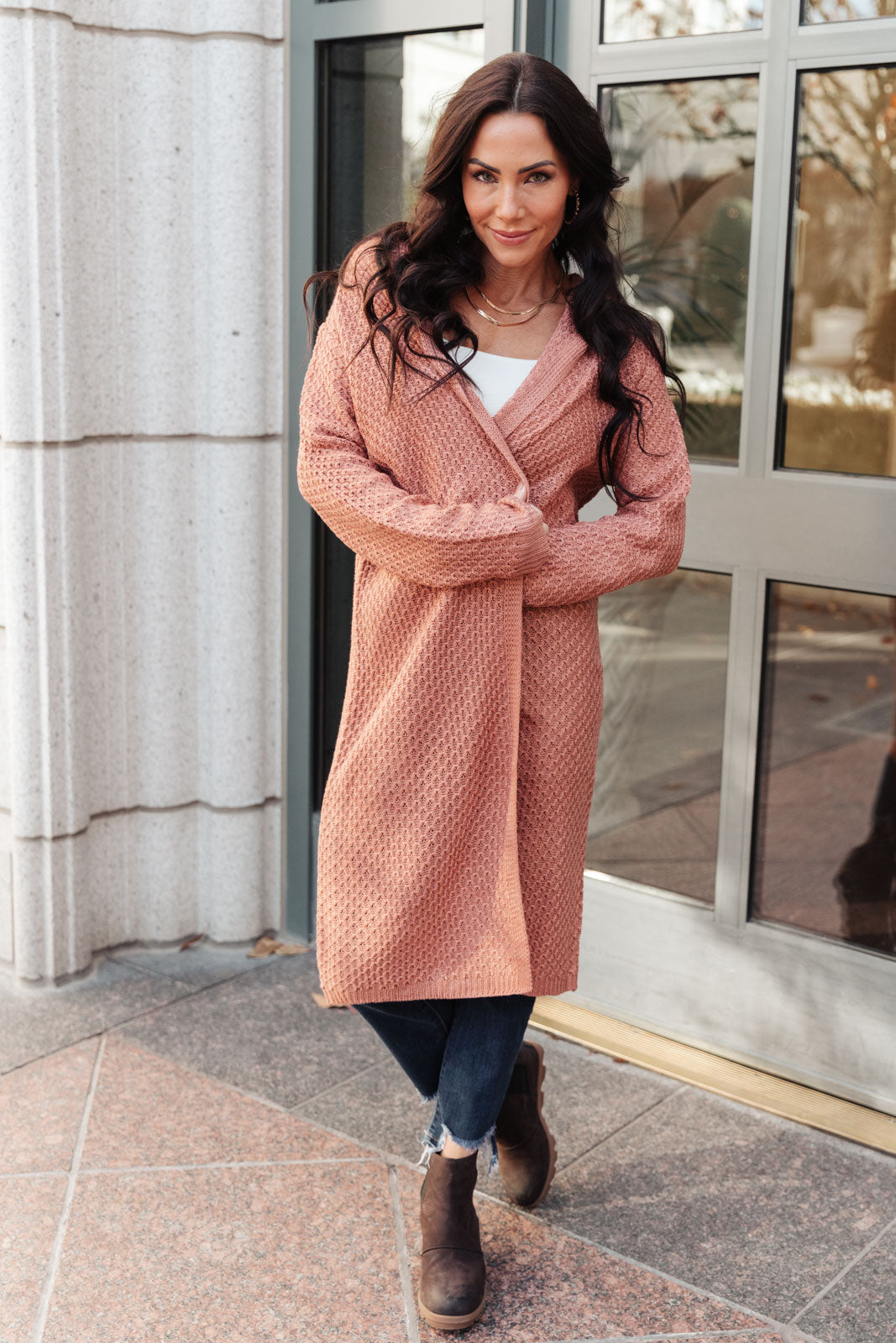 Hooded Cardigan In Red Sand