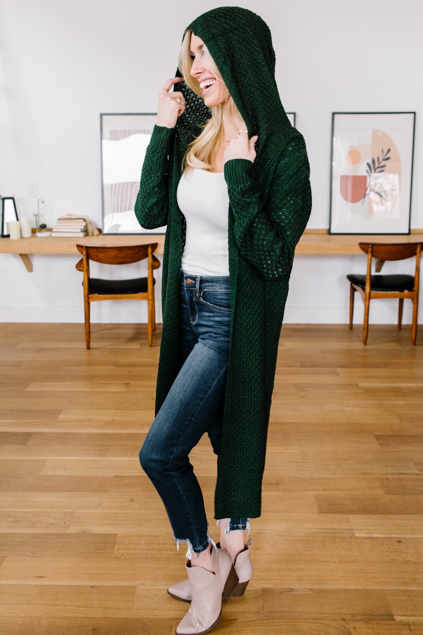 Hooded Cardigan in Hunter Green