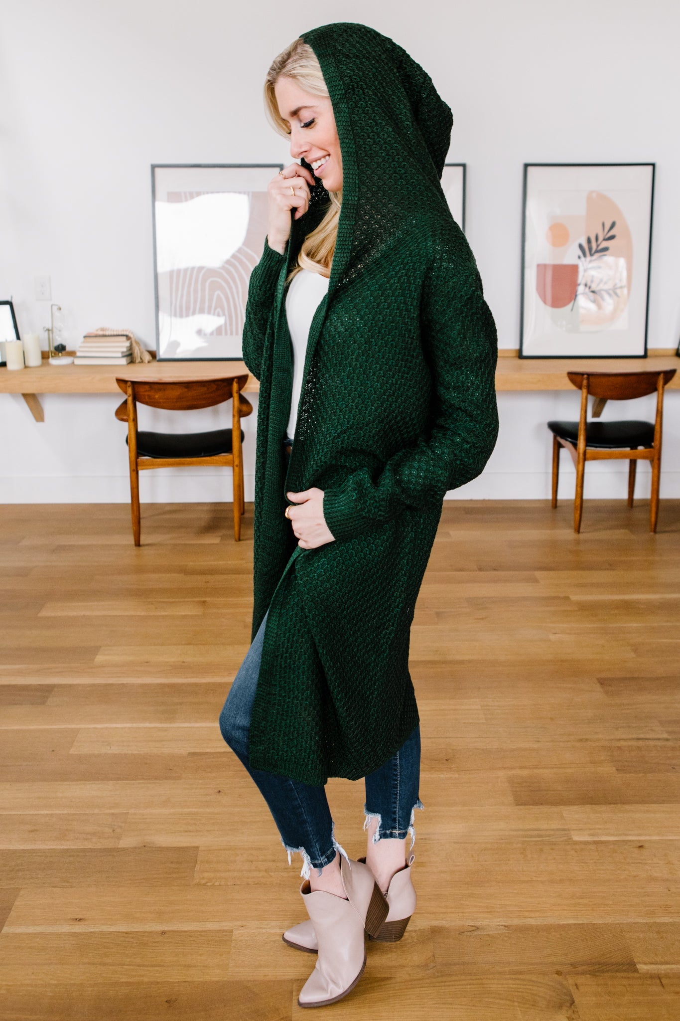 Hooded Cardigan in Hunter Green