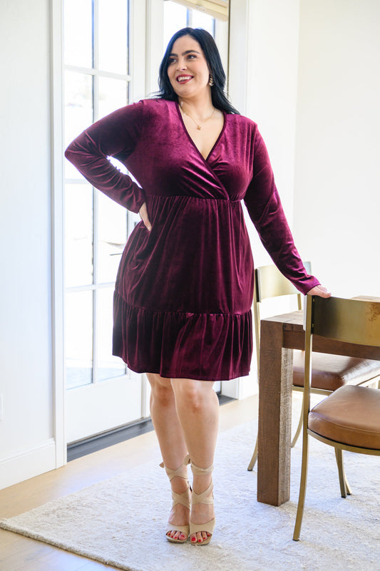 Jentsyn Velvet V-Neck Dress in Wine