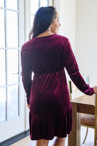 Jentsyn Velvet V-Neck Dress in Wine