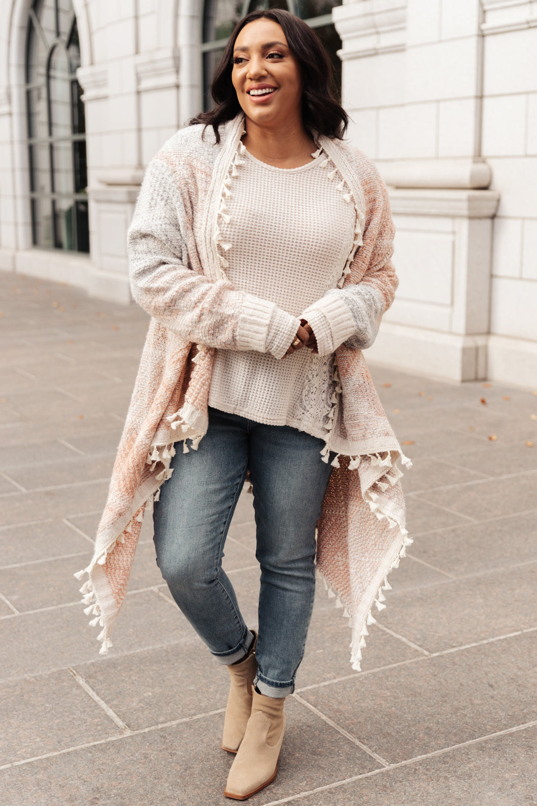 Lined with Tassel Cardigan in Mauve/Blue