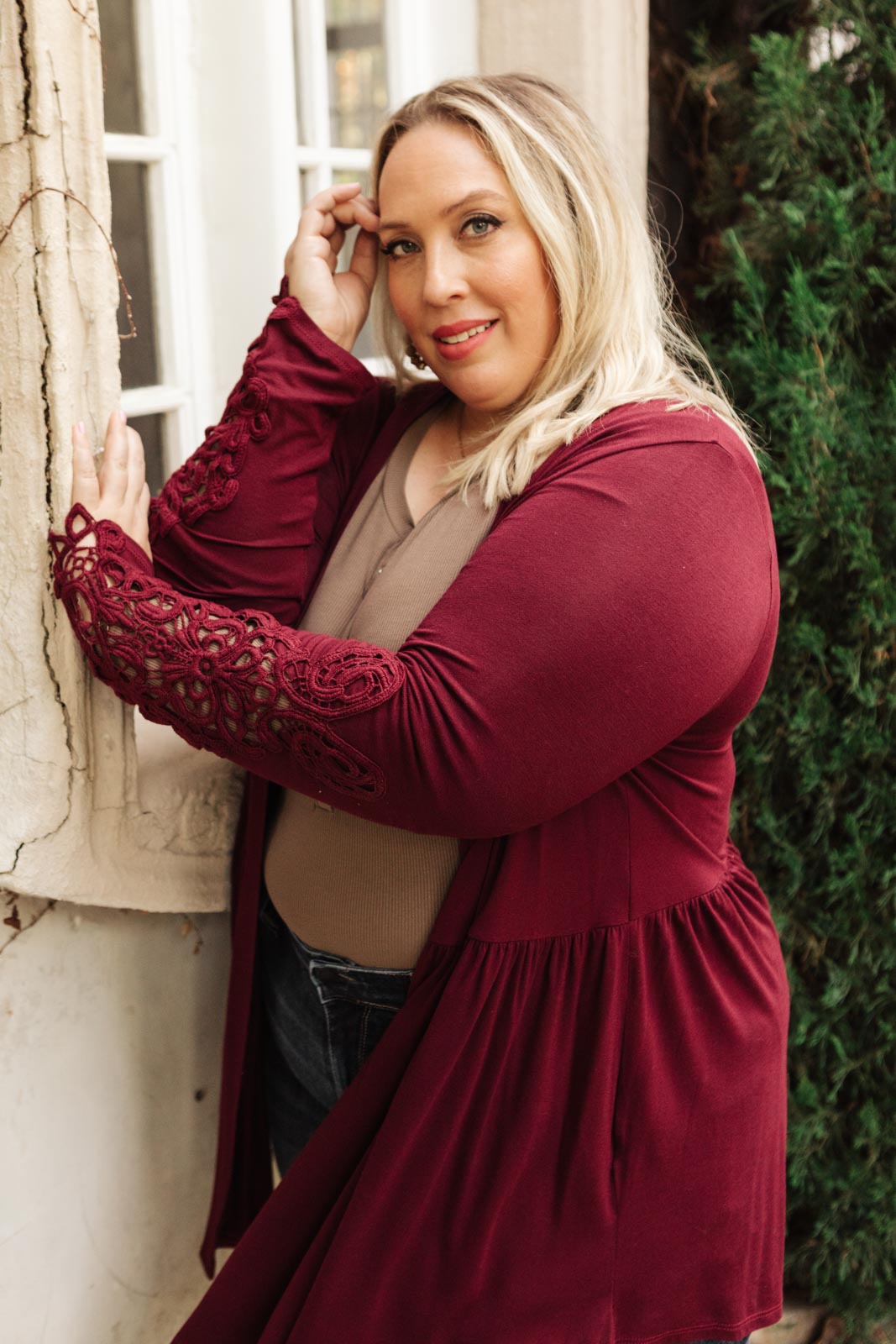 Little Bit Of Lace Cardigan in Burgundy