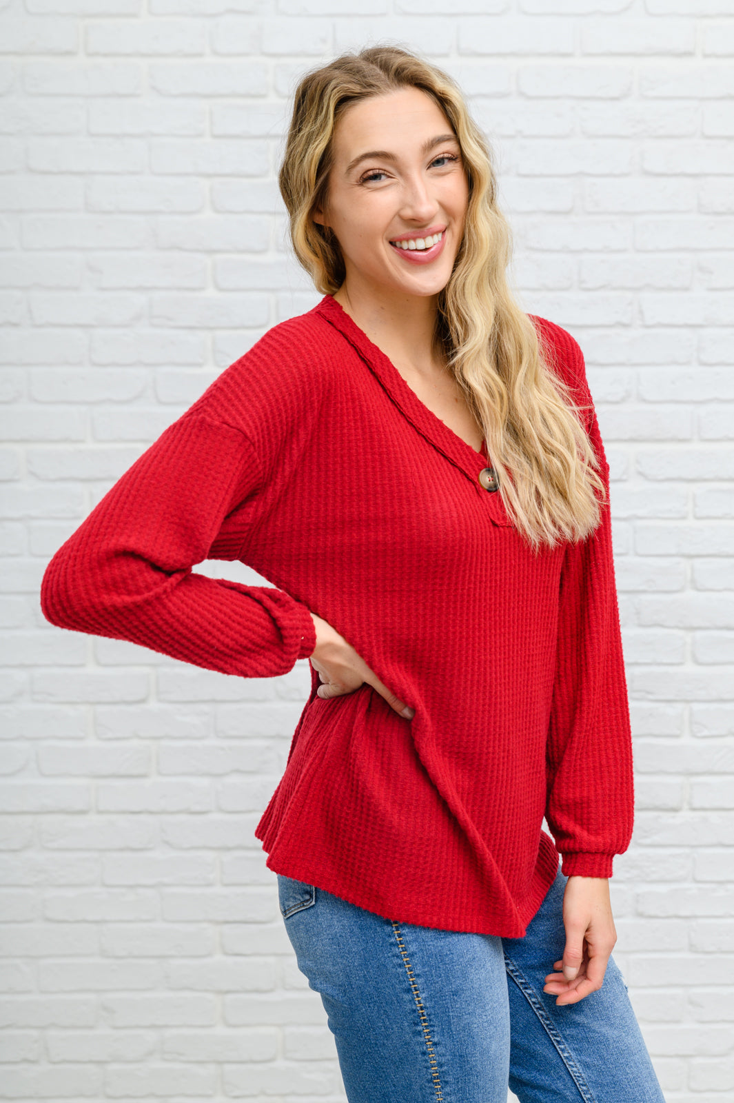 Long Sleeve Waffle Knit Top In Cranberry