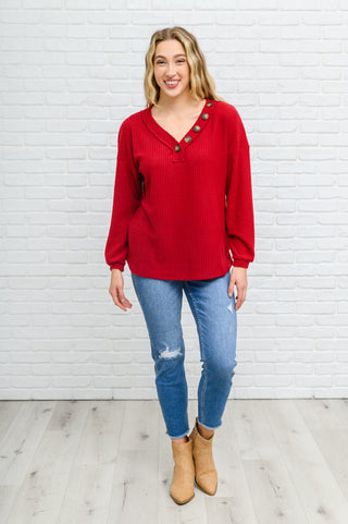 Long Sleeve Waffle Knit Top In Cranberry