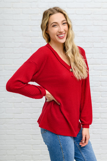 Long Sleeve Waffle Knit Top In Cranberry