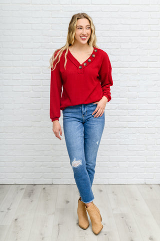 Long Sleeve Waffle Knit Top In Cranberry