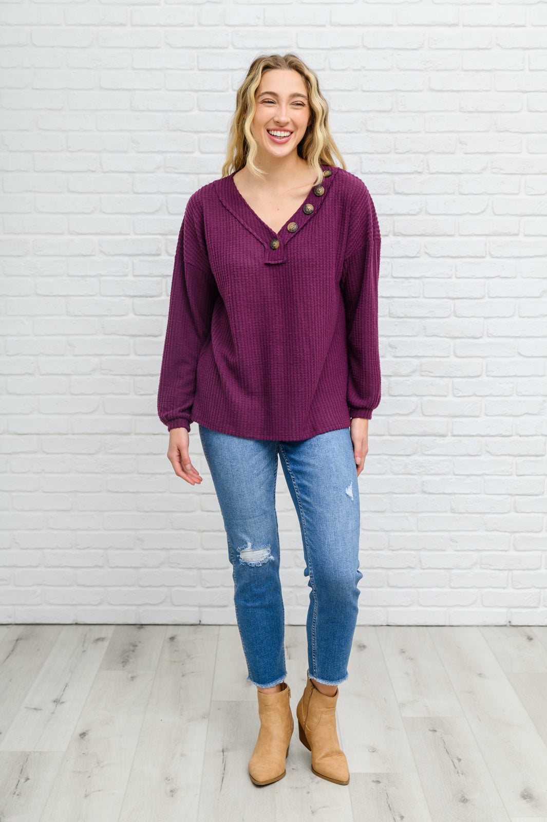 Long Sleeve Waffle Knit Top In Eggplant