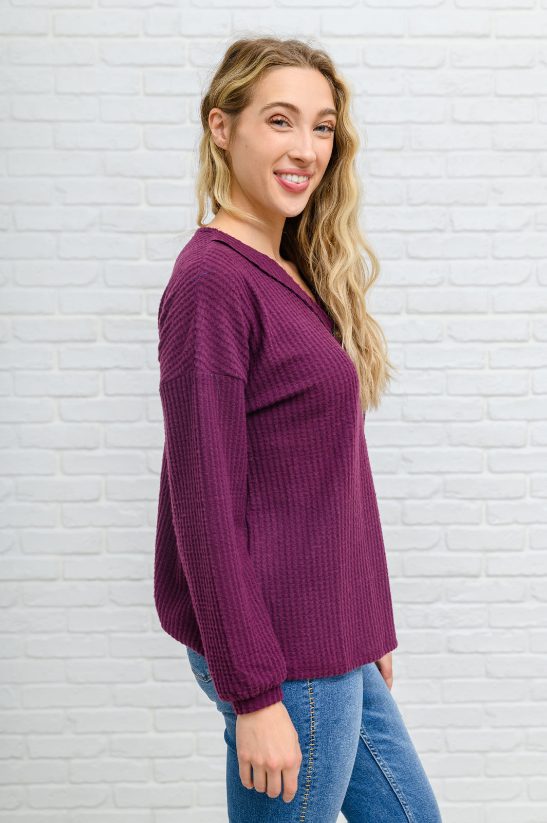 Long Sleeve Waffle Knit Top In Eggplant