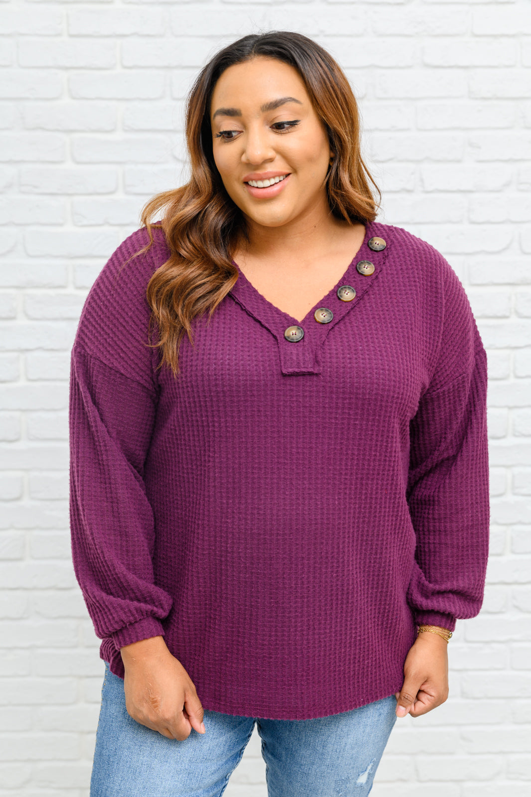 Long Sleeve Waffle Knit Top In Eggplant