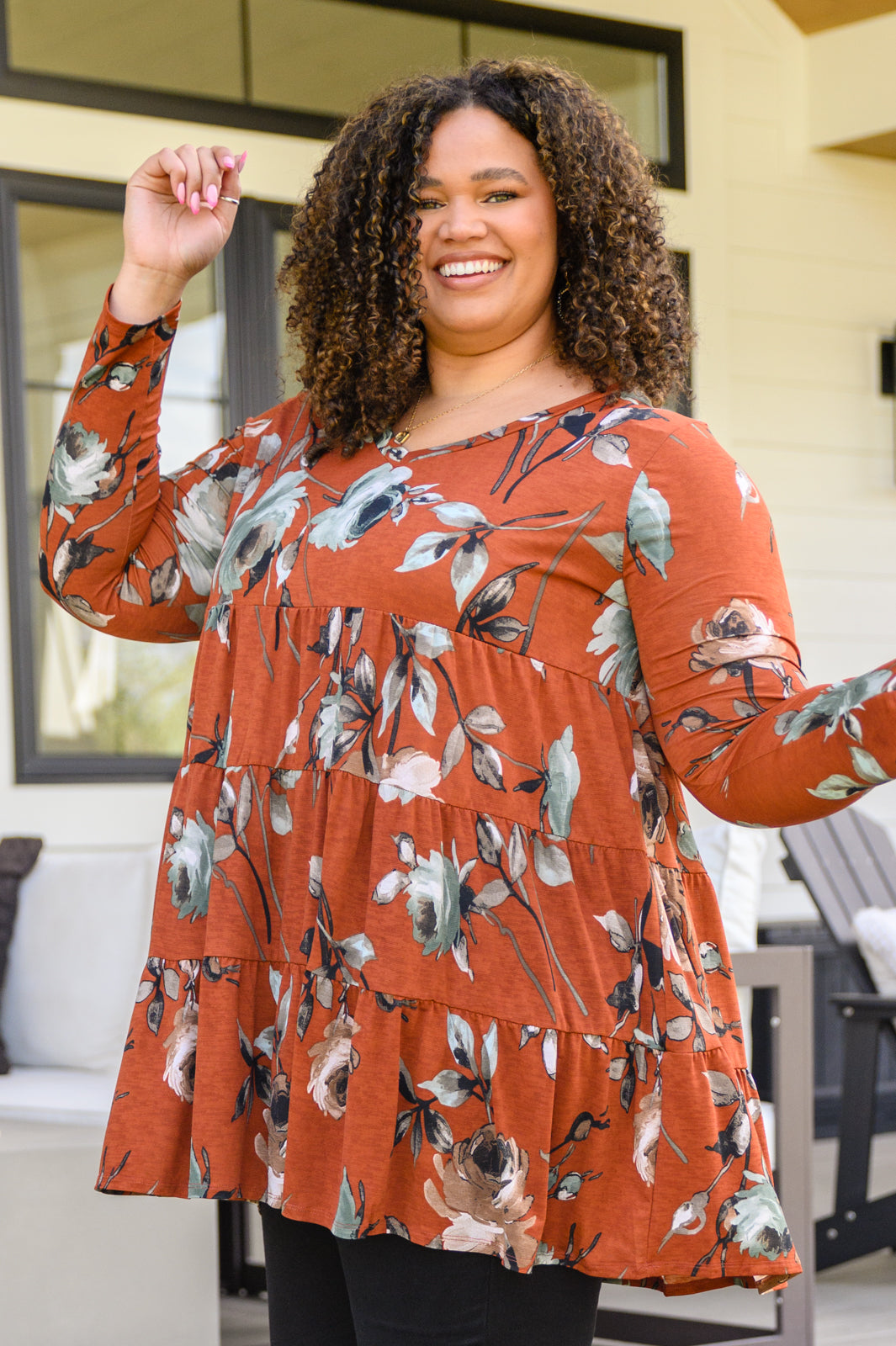 Lovely Meeting Tiered Floral Dress In Rust