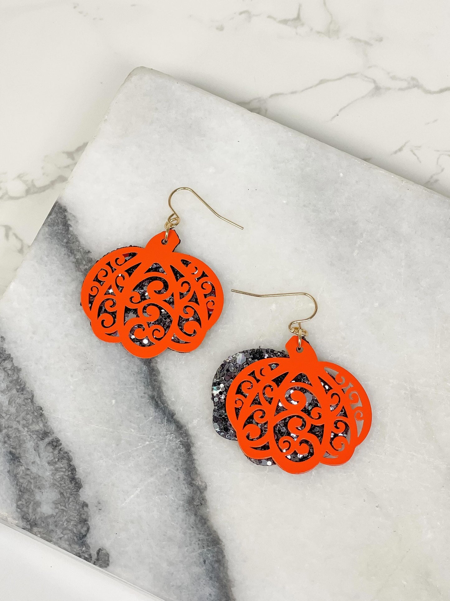 PREORDER: Layered Glitter Pumpkin Dangle Earrings