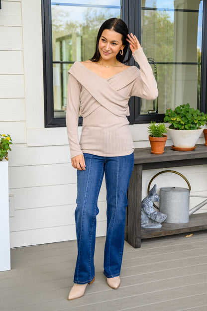 Need You Here Faux Wrap Ribbed Top In Latte