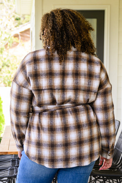 Outside Stroll Plaid Waist Tie Shacket In Brown