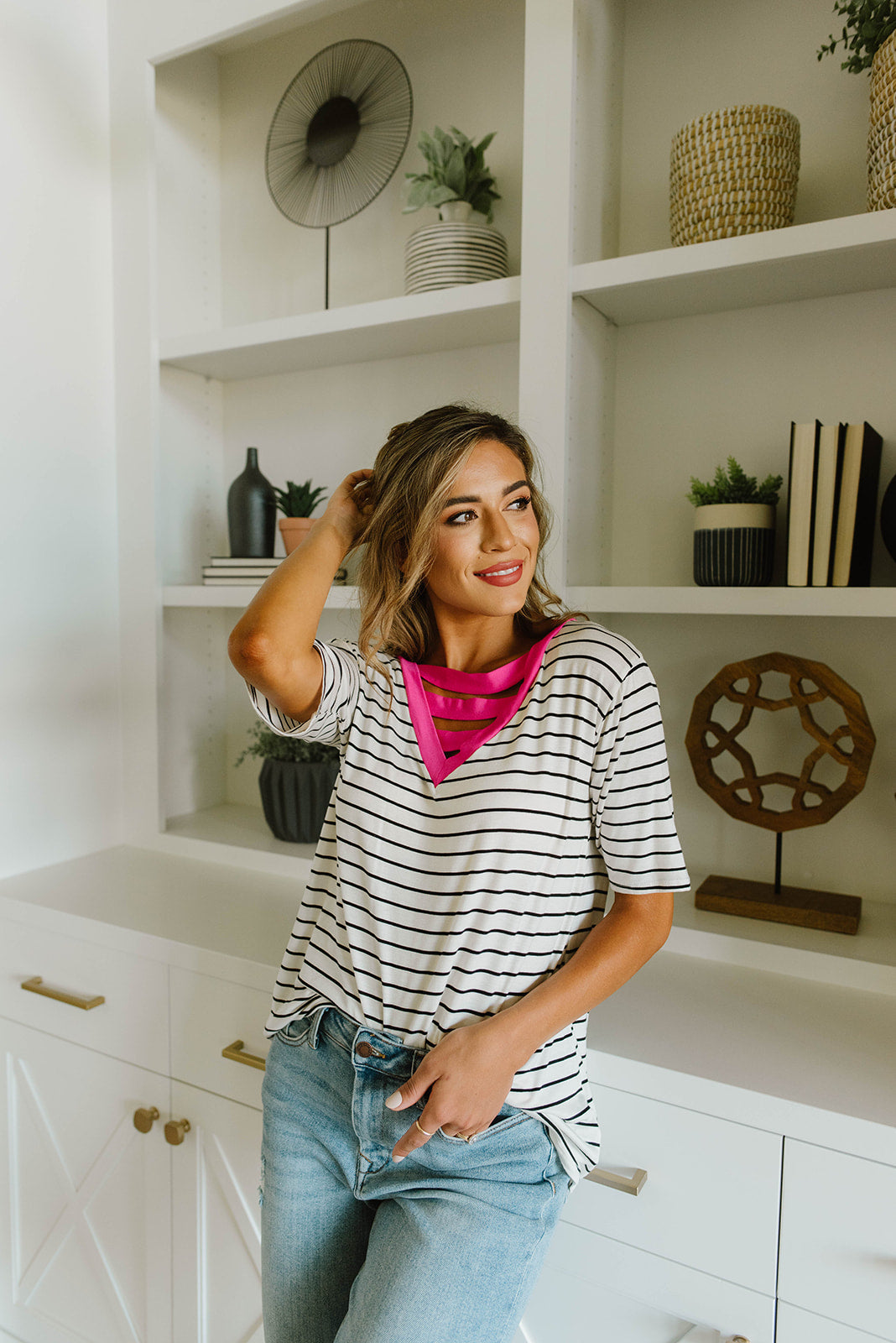 Pink Neon Striped V Top