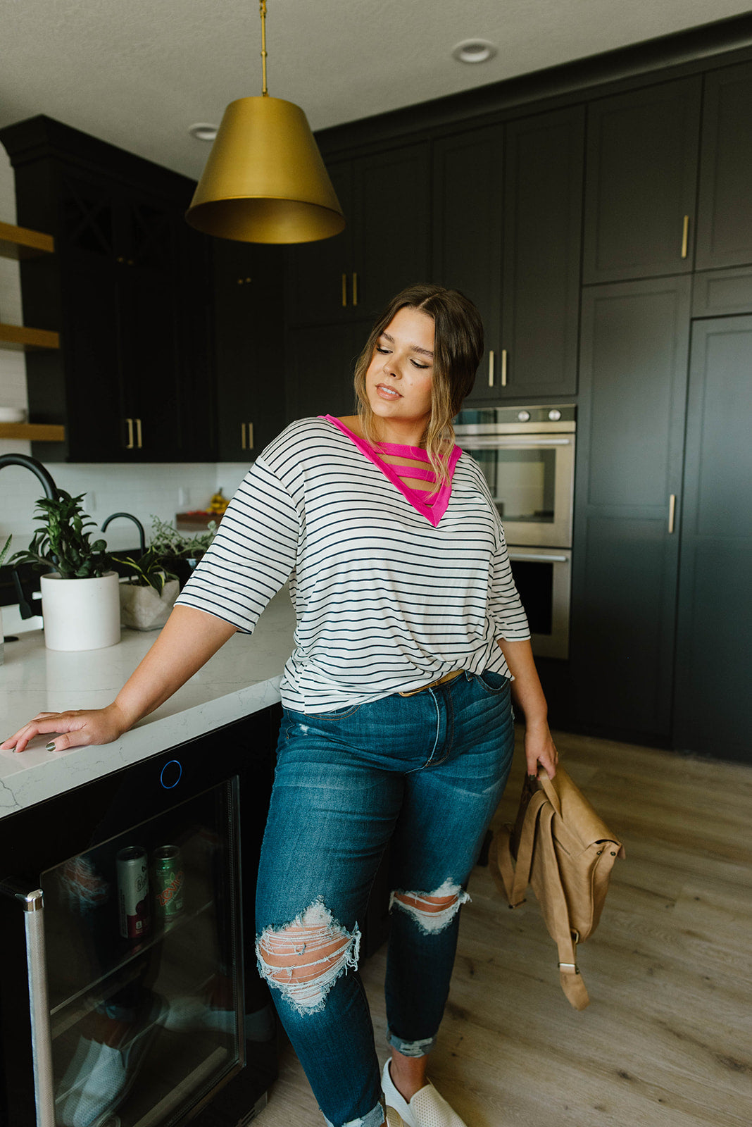 Pink Neon Striped V Top