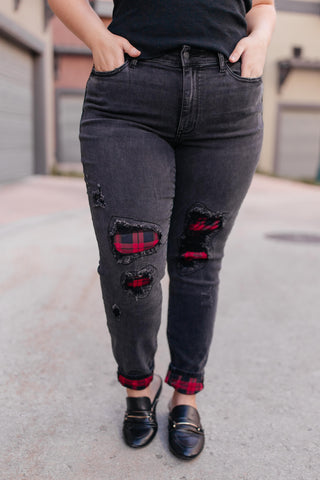 Plaid Peek-A-Boo Jeans in Charcoal