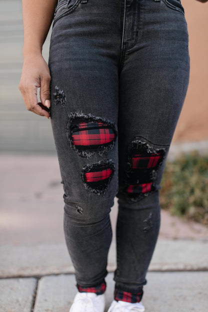 Plaid Peek-A-Boo Jeans in Charcoal