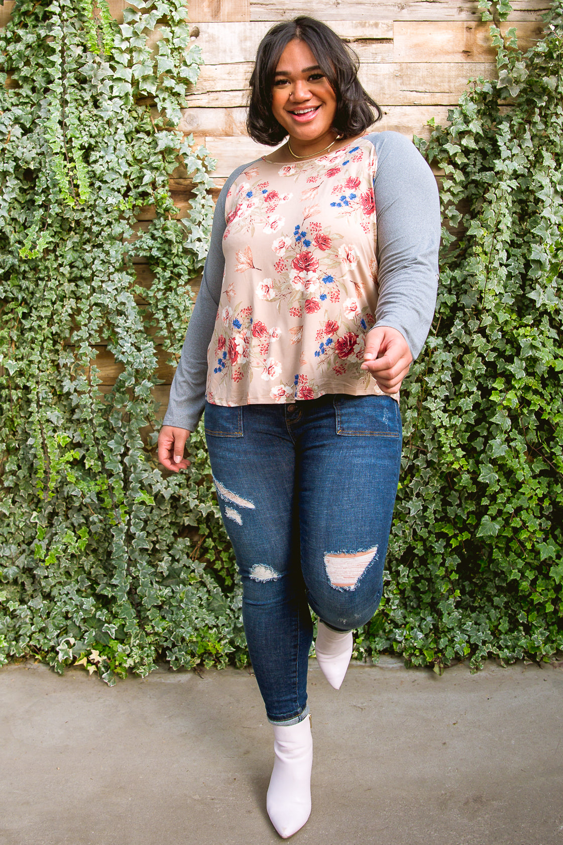 Raglan Floral Long Sleeved Top In Taupe