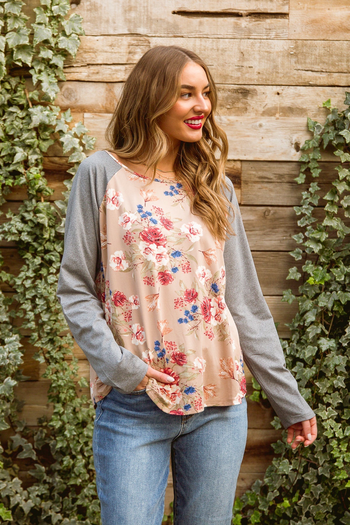 Raglan Floral Long Sleeved Top In Taupe