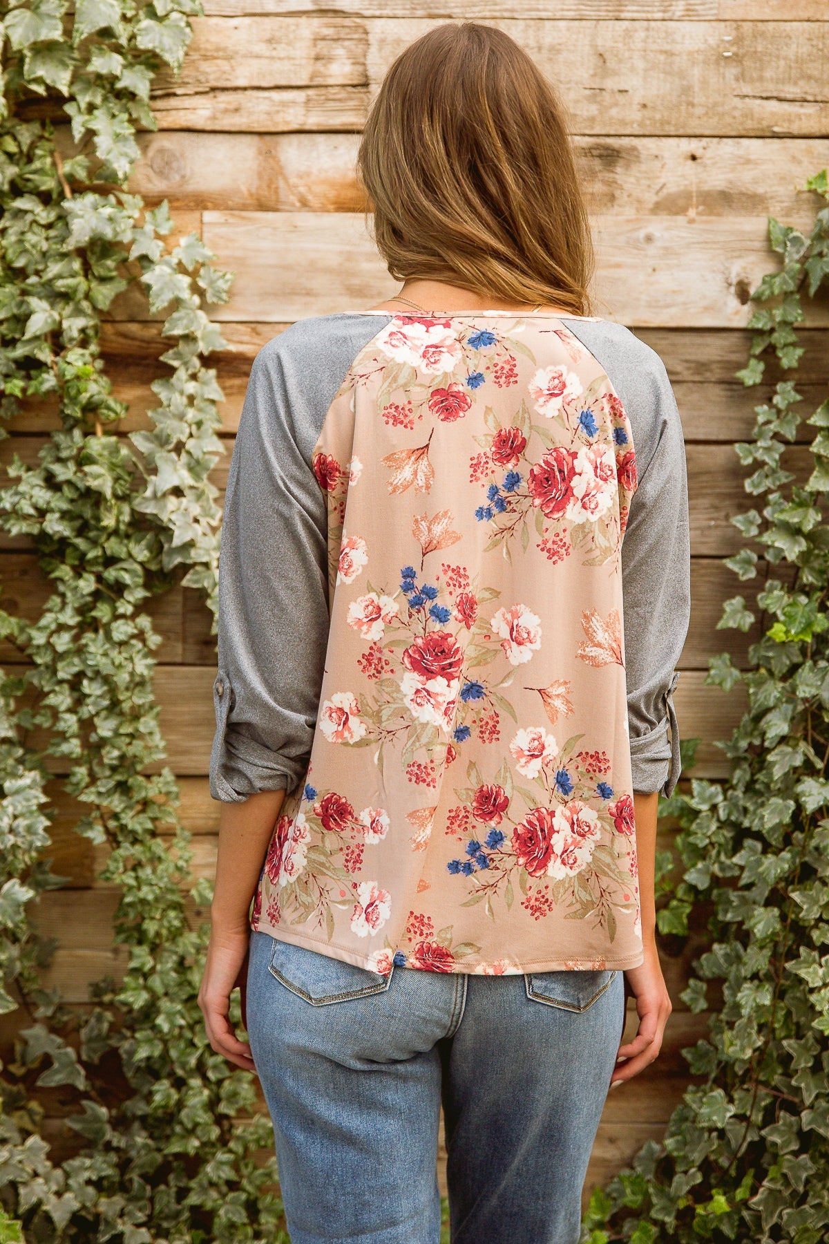 Raglan Floral Long Sleeved Top In Taupe