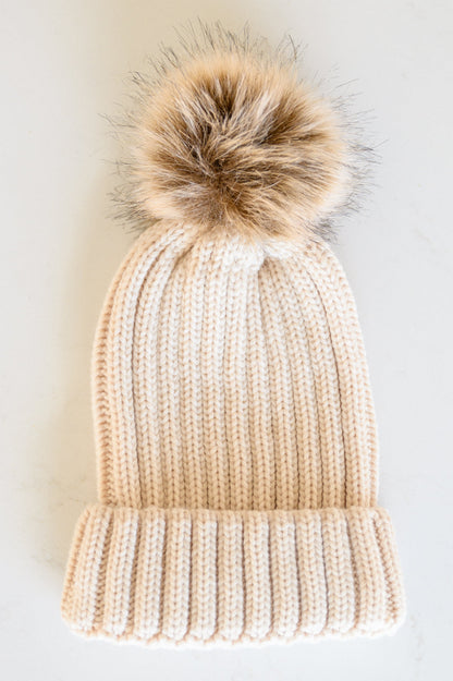 Rib Knit Beanie With Detachable Pom Pom In Beige