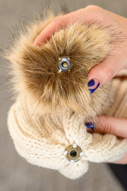 Rib Knit Beanie With Detachable Pom Pom In Beige