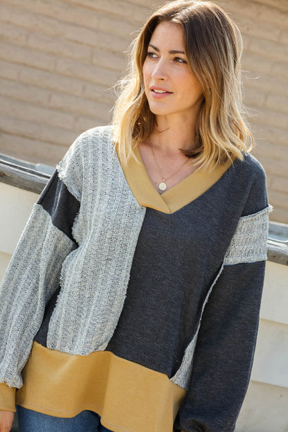 Cotton French Terry Oversized V Neck Sweater Top