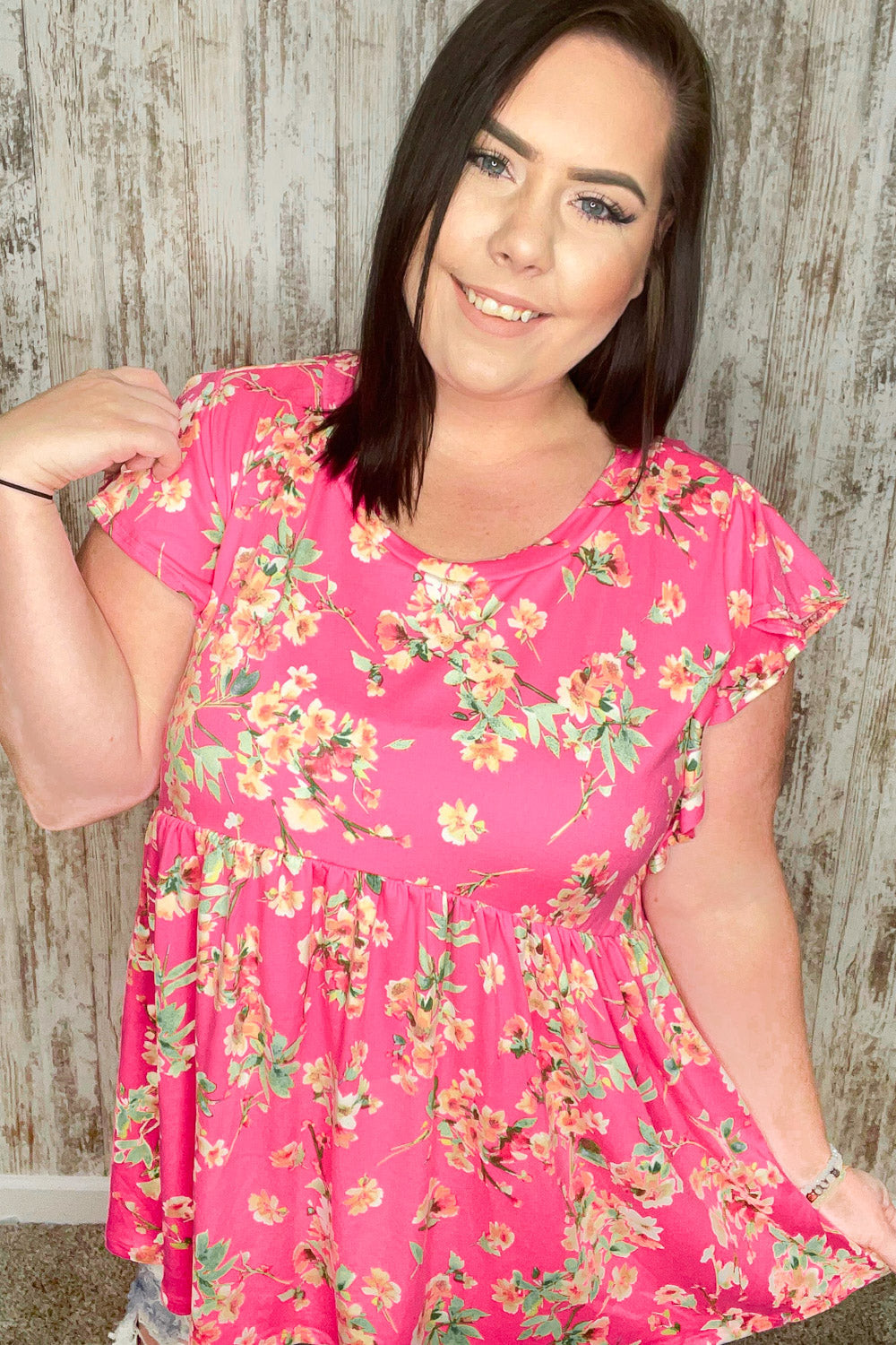 Pink Floral Ruffle Short Sleeve Baby Doll Top