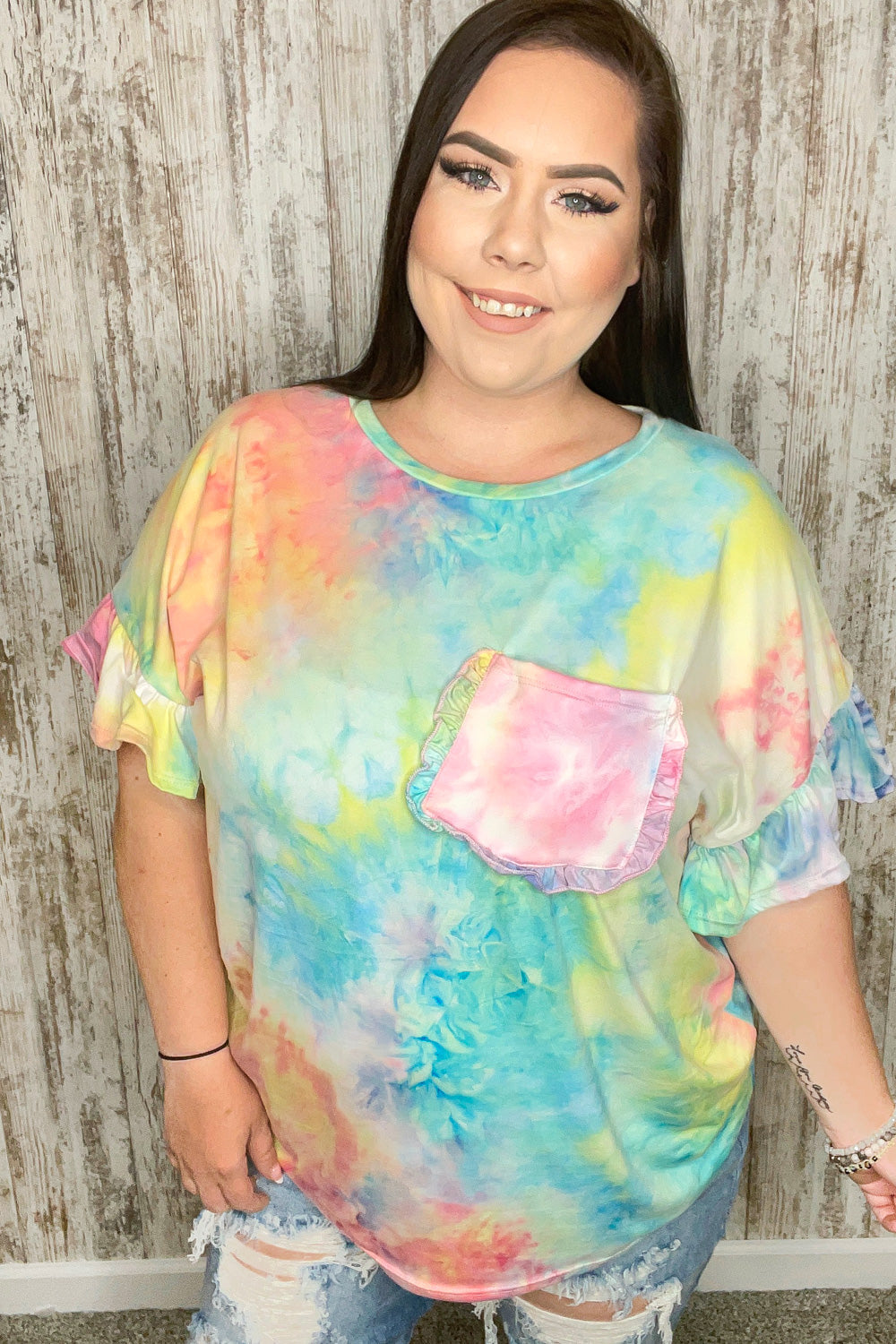 Tie Dye Dolman Ruffle Top with Pocket