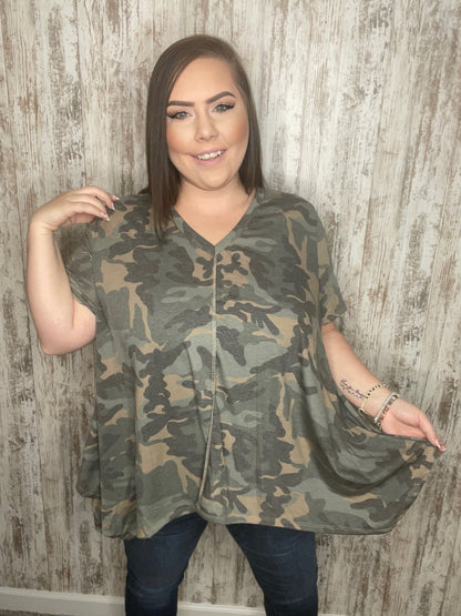 Camo Shark Bite Handkerchief Hem Knit Top