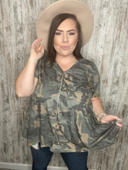 Camo Shark Bite Handkerchief Hem Knit Top